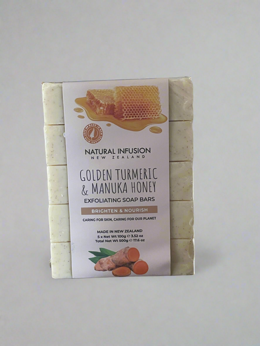 Golden Turmeric & Manuka Honey Exfoliating Soap Bars - 5 Pack, 100g each, Made in New Zealand.