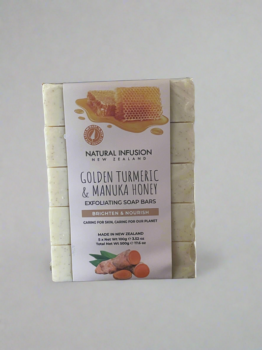 Golden Turmeric & Manuka Honey Exfoliating Soap Bars - 5 Pack, 100g each, Made in New Zealand.